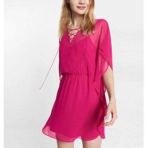 Express Hot Pink Lace-Up Chiffon Caftan Mini Dress, Size M